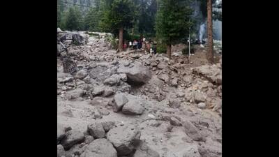 Debris at the ITBP camp in Kinnaur after flash flood hit the area, in Himachal on Sunday. (HT Photo) Debris at the ITBP camp in Kinnaur after flash flood hit the area, in Himachal on Sunday. (HT Photo)