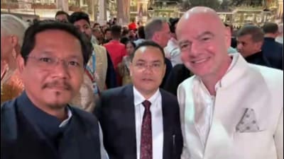 Meghalaya CM Conrad K Sangma (left), deputy CM Sniawbhalang Dhar along with FIFA president Gianni Infantino (right). (File Photo) Meghalaya CM Conrad K Sangma (left), deputy CM Sniawbhalang Dhar along with FIFA president Gianni Infantino (right). (File Photo)
