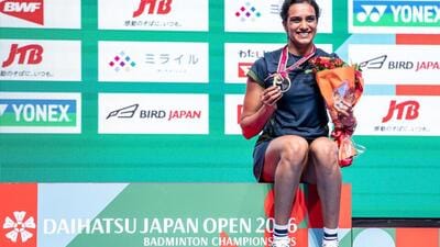 PV Sindhu poses on the podium after her victory against Japan’s Akane Yamaguchi. (AFP) PV Sindhu poses on the podium after her victory against Japan’s Akane Yamaguchi. (AFP)
