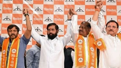 Shiv Sena (UBT) MPs in the Lok Sabha with Shinde Sena chief Eknath Shinde. (Annie/Raju Shinde via HT) Shiv Sena (UBT) MPs in the Lok Sabha with Shinde Sena chief Eknath Shinde. (Annie/Raju Shinde via HT)