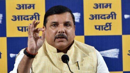 AAP Rajya Sabha MP Sanjay Singh Speaks during a press conference.