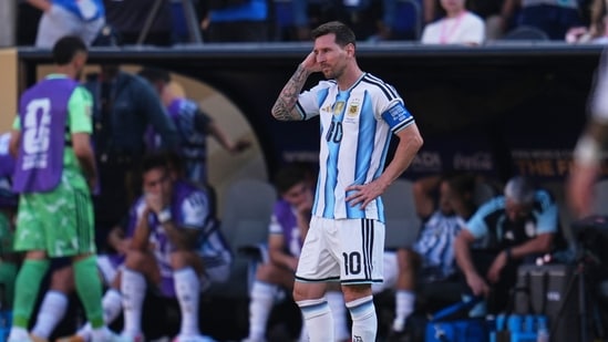Argentina's Lionel Messi (10) reacts after Spain's Ferran Torres scores their first goal during the World Cup final soccer match between Spain and Argentina in East Rutherford, N.J., near New York, Sunday, July 19, 2026. (AP Photo/Abbie Parr)