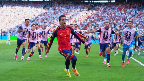 Spain's Ferran Torres (7) celebrates scoring their first goal during the World Cup final soccer match between Spain and Argentina in East Rutherford, N.J., near New York, Sunday, July 19, 2026