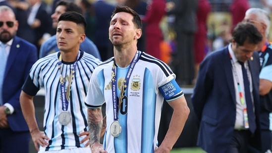 Argentina's Lionel Messi (10) reacts after losing to Spain in the World Cup final soccer match between Spain and Argentina in East Rutherford, N.J., near New York