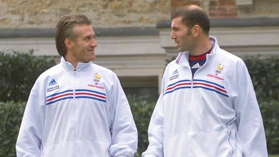 Didier Deschamps jokes with Zinedine Zidane on March 23, 1999.