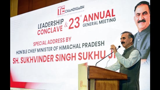 Himachal Pradesh chief minister Sukhvinder Singh Sukhu addresses the Chandigarh Leadership Conclave and 23rd Annual General Meeting organised by The Indus Entrepreneurs (TiE) Chandigarh, in Chandigarh on Sunday. (@SukhuSukhvinder)