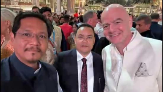 Meghalaya CM Conrad K Sangma (left), deputy CM Sniawbhalang Dhar along with FIFA president Gianni Infantino (right). (File Photo)