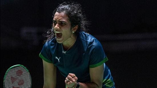 PV Sindhu reacts during the match against Japan’s Akane Yamaguchi. (AFP)