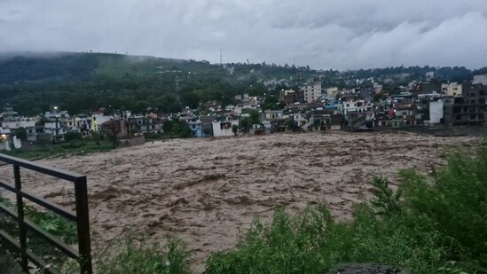 View of an overflowing river as heavy rains in J&K's Poonch and Rajouri wreaked havoc.