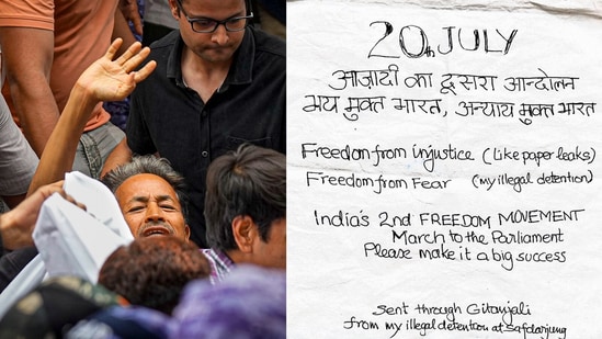 "The second movement for independence; India free from fear, India free from injustice," wrote Wangchuk on a handwritten note shared by his wife.