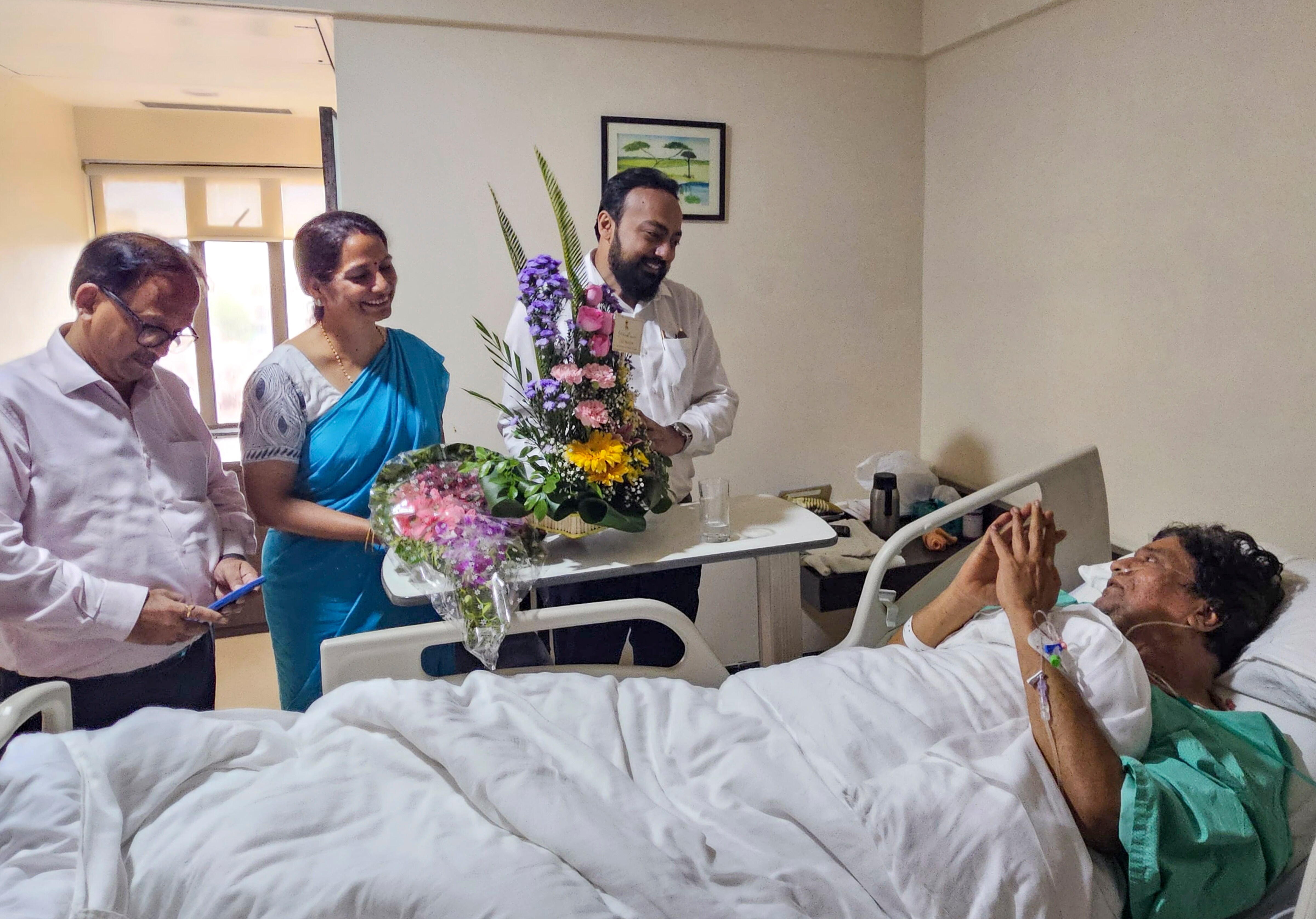 In this image received on July 10, 2026, West Bengal Sports Minister Indranil Khan and others meet actor Rajesh Sharma, who was hospitalized, in Kolkata. (PTI) In this image received on July 10, 2026, West Bengal Sports Minister Indranil Khan and others meet actor Rajesh Sharma, who was hospitalized, in Kolkata. (PTI)
