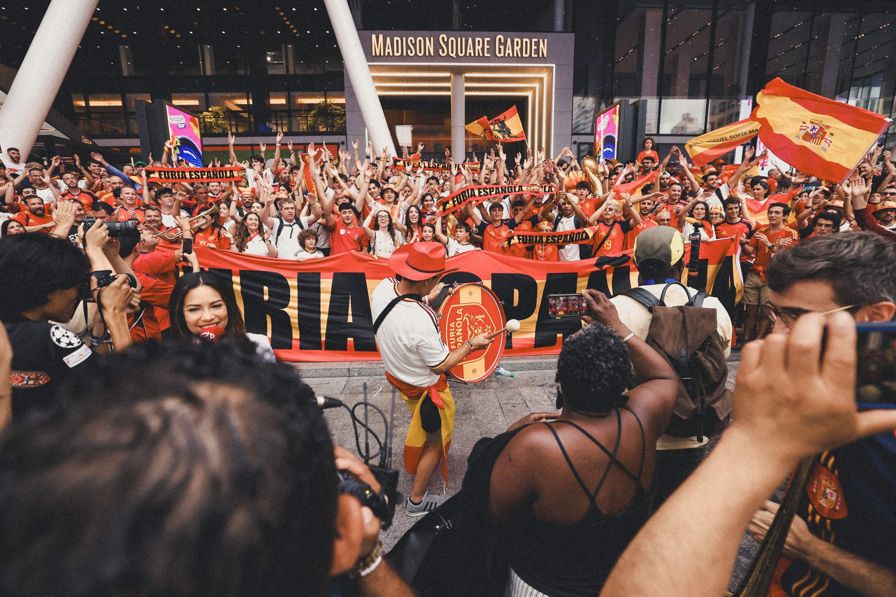 Spain fans show support to their team ahead of the Fifa World Cup 2026 final against Argentina, in New York City. (Getty Images via AFP)