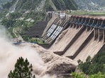 A view of the multiple opened spillway gates of the Salal Dam amid rising Chenab River water level, in Reasi on Sunday (ANI video Grab)