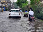 A waterlogged road in Transport Nagar after the rain in Ludhiana on Sunday. (GURPREET SINGH/HT)