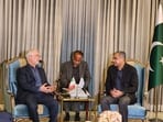 In this photo released by the Pakistan's Interior Ministry, Iran's Interior Minister Eskandar Momeni, left, meets with his Pakistani counterpart Mohsin Naqvi, right, upon arrival at Nur Khan airbase, in Rawalpindi, Pakistan, Monday, July 20, 2026. AP/PTI(AP07_20_2026_001031A)