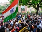 CJP supporters raise slogans during a protest march near the Parliament, outside RBI building in New Delhi.