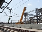 Construction underway at Lucknow’s Charbagh railway station, where an elevated air concourse is taking shape as part of the station’s redevelopment. (Deepak Gupta/HT)