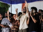 Abhijeet Dipke and Gitanjali J Angmo, wife of Indian education reformer Sonam Wangchuk react to the supporters of CJP at the protest site.(REUTERS)