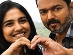 Mamitha Baiju and Vijay in a still from Jana Nayagan; Sreeleela and Balakrishna in a still from Bhagavanth Kesari.