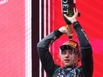 Mercedes driver Andrea Kimi Antonelli celebrates after winning the Grand Prix at the Spa-Francorchamps in Spa, Belgium. (AP Photo/Omar Havana)