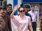 Jodhpur: Bollwood actor and MP Kangana Ranaut greets the gathering as she arrives at Jodhpur airport for the promotion of the film 'Bharat Bhhagya Viddhaata', in Jodhpur, Rajasthan, Thursday, June 11, 2026. (PTI Photo)(PTI06_11_2026_000198B)