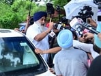 Shiromani Akali Dal leader Sukhbir Singh Badal interacting with the media outside the Punjab Police Officers’ Institute (PPOI) in Sector 32, Chandigarh, on Monday morning. (Ravi Kumar/HT)