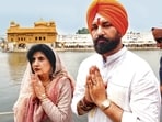 Union minister Chirag Paswan and his mother, Reena Paswan, paying obeisance at Golden Temple in Amritsar. (Sameer Sehgal/HT)