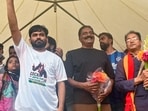 File photo of actor Prakash Raj and Cockroach Janta Party (CJP) founder Abhijit Dipke and others during a protest by CJP at Freedom Park, in Bengaluru.
