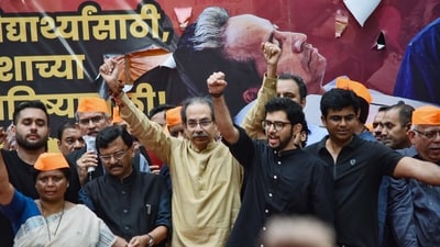 Shiv Sena (UBT) President Uddhav Thackeray, accompanied by Party leaders including MP Sanjay Raut, Aaditya Thackeray, and others, held a rally in favour of the ongoing Cockroach Janata Party protest against the NEET paper leak. (ANI) Shiv Sena (UBT) President Uddhav Thackeray, accompanied by Party leaders including MP Sanjay Raut, Aaditya Thackeray, and others, held a rally in favour of the ongoing Cockroach Janata Party protest against the NEET paper leak. (ANI)
