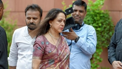 BJP MP Hema Malini at the Parliament premises on the first day of the Monsoon Session, in New Delhi on Monday. (ANI Photo/Rahul Singh) (Rahul Singh)