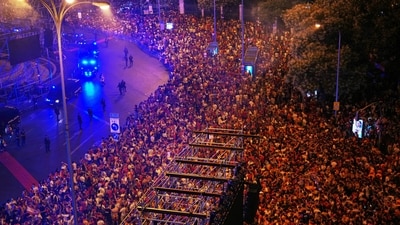 Spanish fans celebrate in central Madrid after Spain defeated Argentina in the World Cup final. (AP Photo/Manu Fernandez)