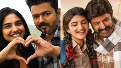 Mamitha Baiju and Vijay in a still from Jana Nayagan; Sreeleela and Balakrishna in a still from Bhagavanth Kesari. Mamitha Baiju and Vijay in a still from Jana Nayagan; Sreeleela and Balakrishna in a still from Bhagavanth Kesari.