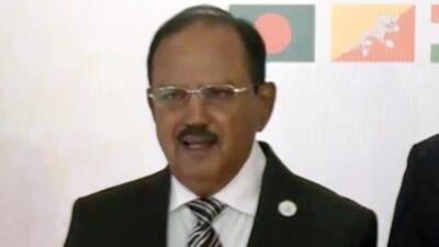 New Delhi, Jul 16 (ANI): NSA Ajit Doval meets National Security Adviser of Myanmar, U Tin Aung San, during 5th Meeting of the BIMSTEC National Security Chiefs, in New Delhi on Thursday. (ANI Video Grab) (ANI Video Grab)