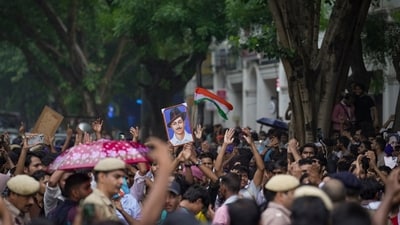 Supporters of the Cockroach Janata Party (CJP) raise slogans near Jantar Mantar before a protest march in New Delhi early Monday (PTI) Supporters of the Cockroach Janata Party (CJP) raise slogans near Jantar Mantar before a protest march in New Delhi early Monday (PTI)