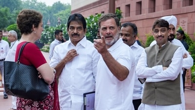 Leader of the Opposition in Lok Sabha Rahul Gandhi, Congress MPs Priyanka Gandhi Vadra, KC Venugopal, Imran Masood and others during the monsoon session of Parliament, in New Delhi, Monday, July 20, 2026. (PTI) Leader of the Opposition in Lok Sabha Rahul Gandhi, Congress MPs Priyanka Gandhi Vadra, KC Venugopal, Imran Masood and others during the monsoon session of Parliament, in New Delhi, Monday, July 20, 2026. (PTI)