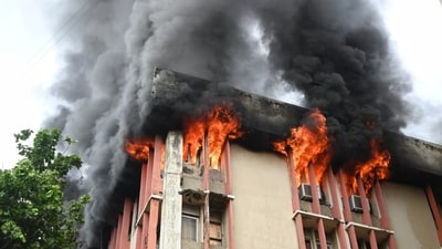 Fire fighters douse the fire broke out on the fourth floor of Jawahar Bhawan building in Lucknow on Monday, July 20, 2026. (Mustaq Ali/Hindustan Times) Fire fighters douse the fire broke out on the fourth floor of Jawahar Bhawan building in Lucknow on Monday, July 20, 2026. (Mustaq Ali/Hindustan Times)