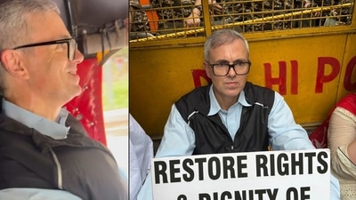 Jammu and Kashmir Chief Minister Omar Abdullah sits on the road during a protest march demanding statehood for Jammu and Kashmir, in New Delhi. Jammu and Kashmir Chief Minister Omar Abdullah sits on the road during a protest march demanding statehood for Jammu and Kashmir, in New Delhi.
