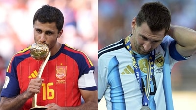 Rodri with the golden ball and Lionel Messi after losing the final. (AFP) Rodri with the golden ball and Lionel Messi after losing the final. (AFP)