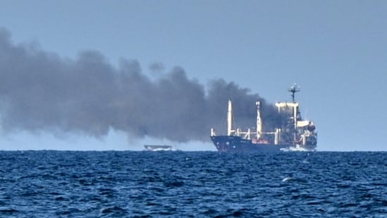 Smoke rises from the grain carrier Golden Leo under the Guinea-Bissau flag after Russian missile strike in the Black Sea close to Odessa, Ukraine, Sunday, July 19, 2026, local media reports.