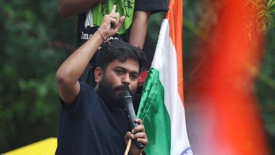 Abhijeet Dipke, founder of the Cockroach Janta Party (CJP) addresses supporters at a protest site ahead of a planned march to Parliament on the opening day of the monsoon session, demanding the resignation of union education minister Dharmendra Pradhan.&nbsp;(REUTERS)
