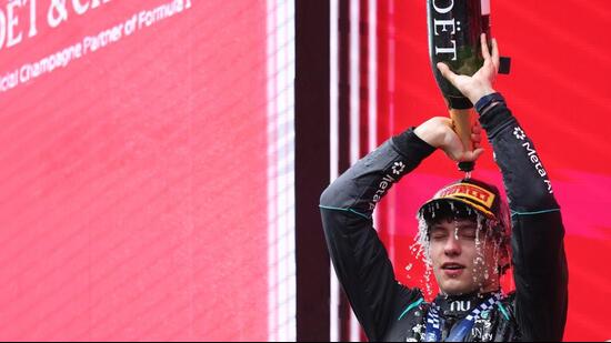 Mercedes driver Andrea Kimi Antonelli celebrates after winning the Grand Prix at the Spa-Francorchamps in Spa, Belgium. (AP Photo/Omar Havana)
