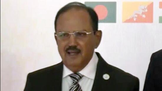New Delhi, Jul 16 (ANI): NSA Ajit Doval meets National Security Adviser of Myanmar, U Tin Aung San, during 5th Meeting of the BIMSTEC National Security Chiefs, in New Delhi on Thursday. (ANI Video Grab) (ANI Video Grab)