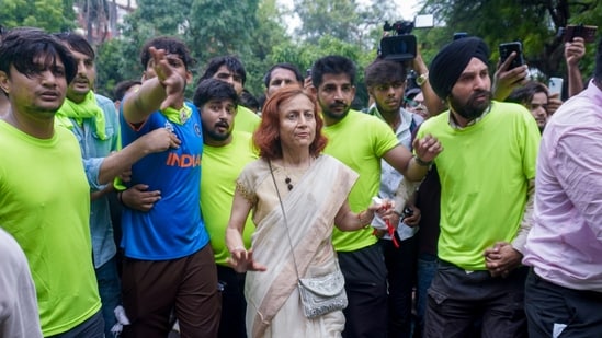 Gitanjali J Angmo, wife of educator and climate activist Sonam Wangchuk, arrives at Jantar Mantar ahead of Cockroach Janata Party's (CJP) protest march to the Parliament. Angmo's plea, seeking the transfer of Sonam Wangchuk to a private hospital, is expected to be heard by the Delhi High Court.&nbsp;(PTI)