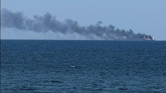 Smoke rises from a civilian vessel on fire, amid Russia's attack on Ukraine, in Odesa, Ukraine July 19, 2026.Picture taken with a mobile phone. (REUTERS)