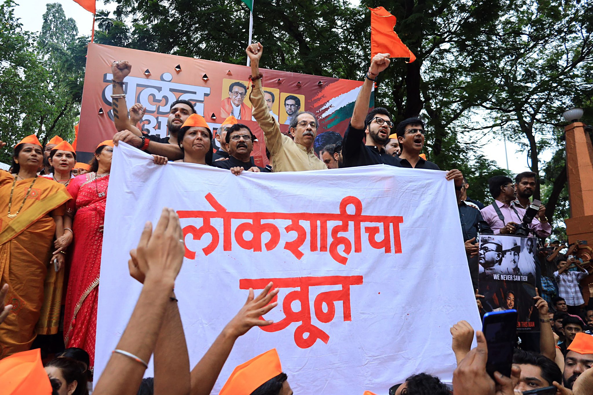 Shiv Sena (UBT) chief Uddhav Thackeray, accompanied by party leaders including MP Sanjay Raut, Aaditya Thackeray, and others, at a protest in Mumbai on Sunday. (X/@AUThackeray/ANI Photo) Shiv Sena (UBT) chief Uddhav Thackeray, accompanied by party leaders including MP Sanjay Raut, Aaditya Thackeray, and others, at a protest in Mumbai on Sunday. (X/@AUThackeray/ANI Photo)