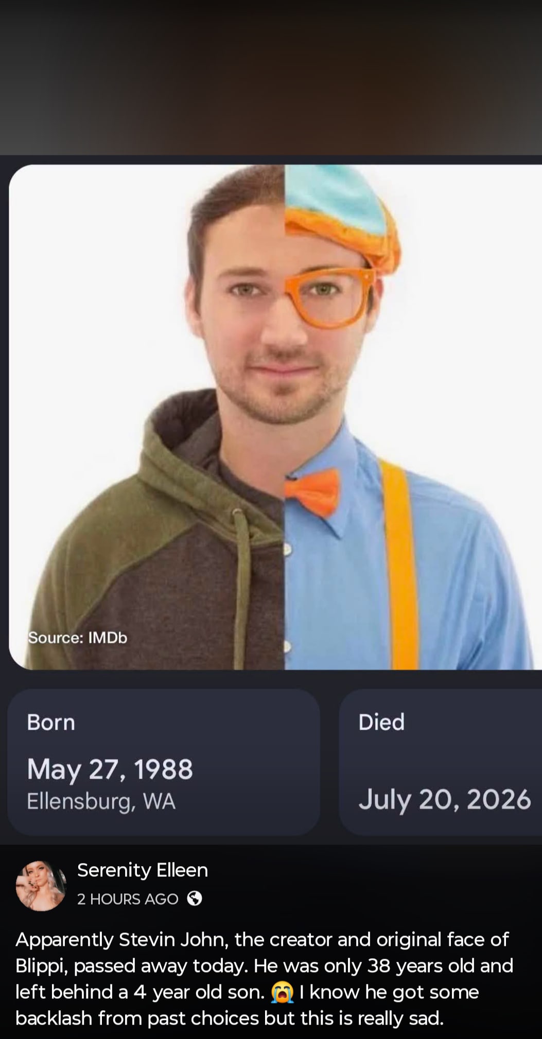 The screenshot shows Google briefly showed Blippy creator Stevin John as dead on Monday. (Facebook/ Serenity Elleen) The screenshot shows Google briefly showed Blippy creator Stevin John as dead on Monday. (Facebook/ Serenity Elleen)