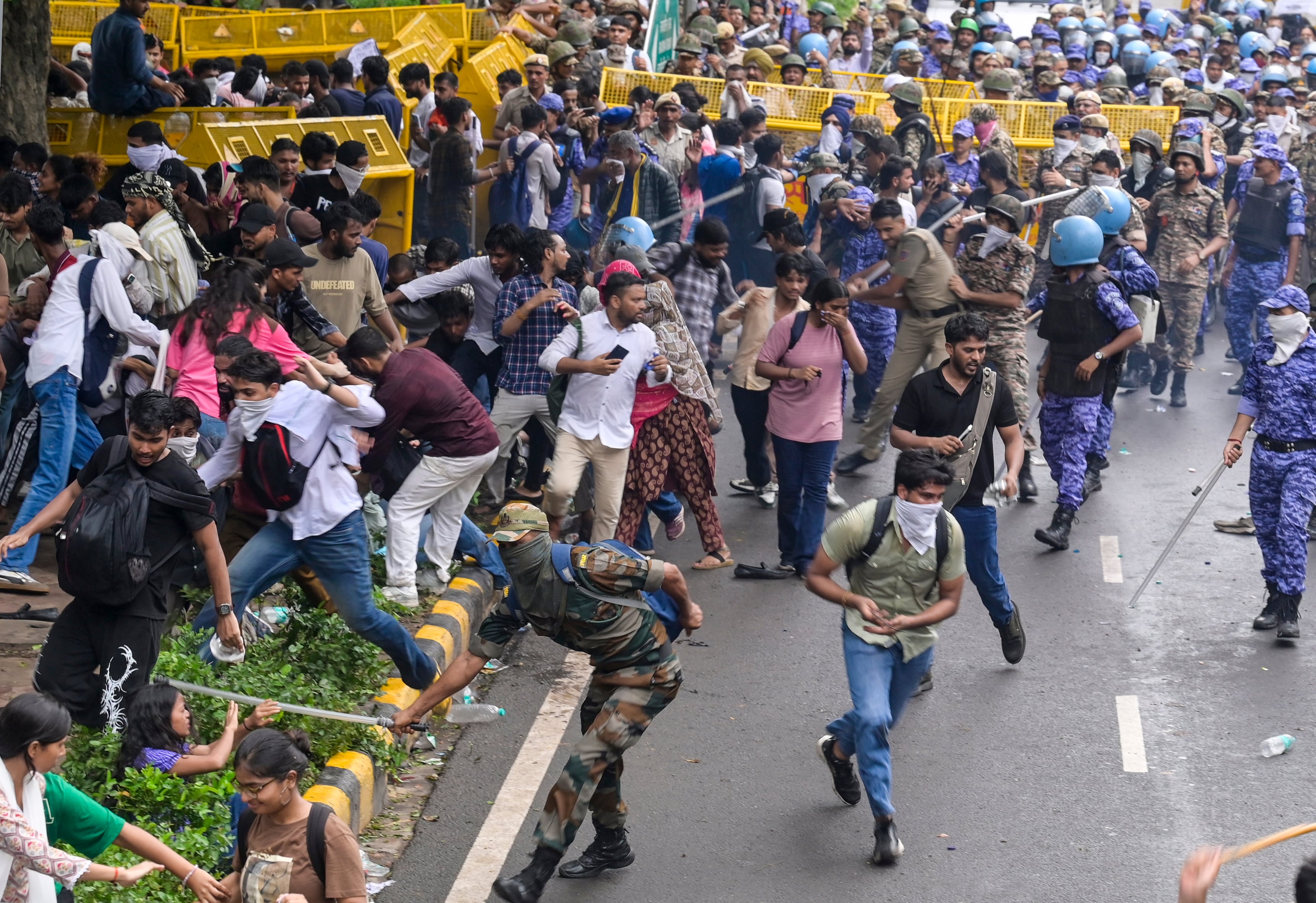 Security personnel carry out a lathi charge during a CJP protest march near Parliament in New Delhi, India, on Monday, July 20, 2026. (RAJ K RAJ / Hindustan Times) Security personnel carry out a lathi charge during a CJP protest march near Parliament in New Delhi, India, on Monday, July 20, 2026. (RAJ K RAJ / Hindustan Times)