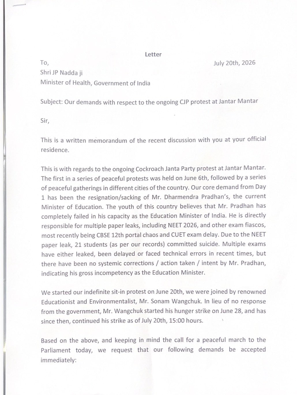 This is the letter shared by CJP spokespersons with JP Nadda This is the letter shared by CJP spokespersons with JP Nadda