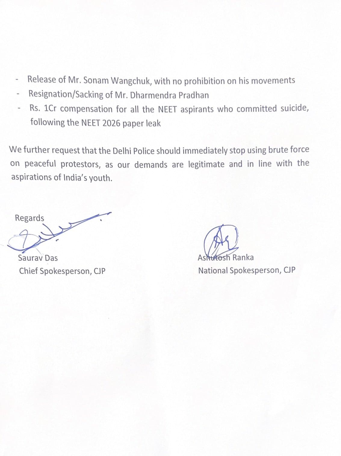 The second half of the letter shared by CJP spokespersons with JP Nadda. The second half of the letter shared by CJP spokespersons with JP Nadda.