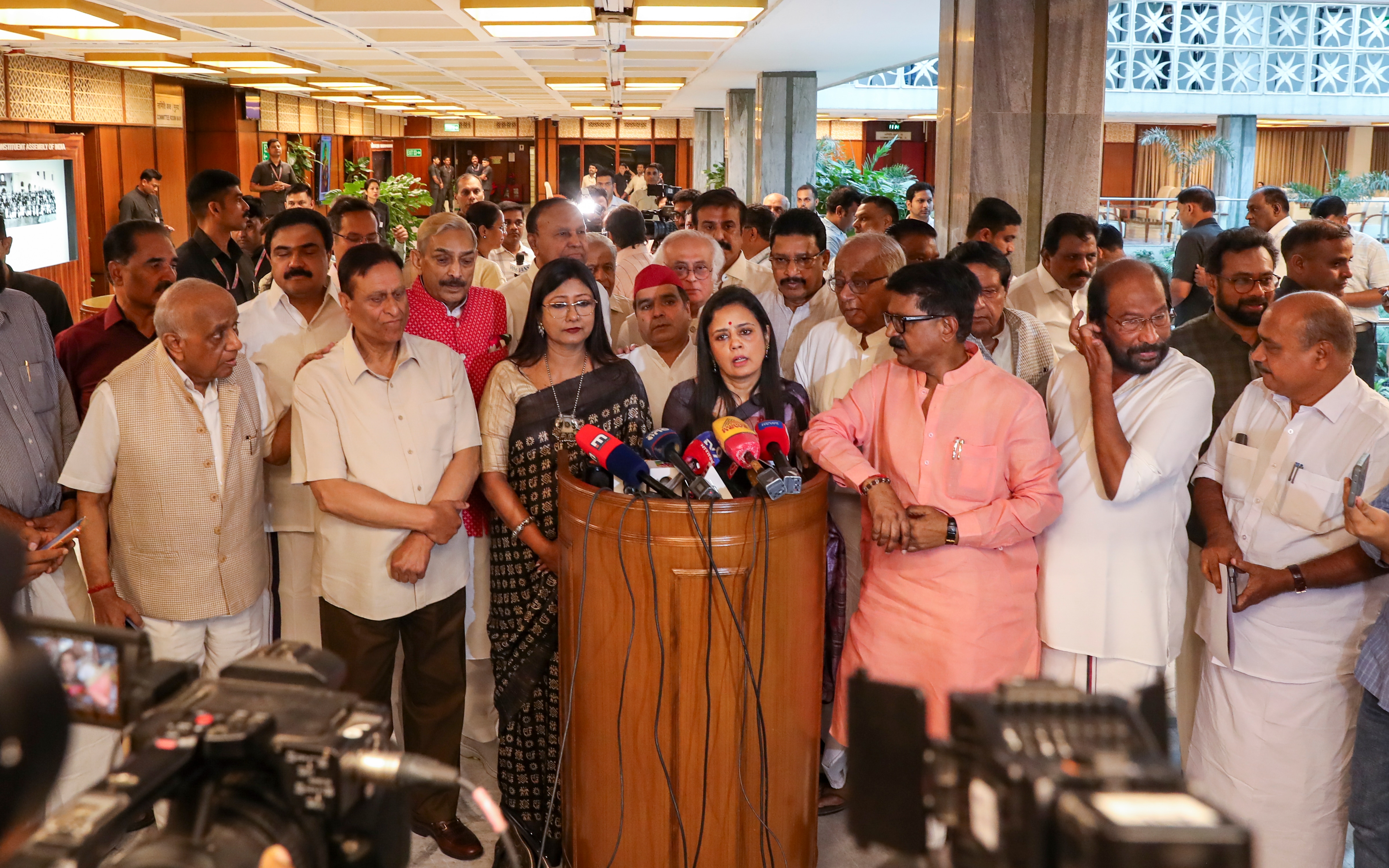 TMC leader Mahua Moitra speaks to the media during an all-party meeting convened by the government ahead of Parliament's Monsoon Session, in New Delhi. (PTI) TMC leader Mahua Moitra speaks to the media during an all-party meeting convened by the government ahead of Parliament's Monsoon Session, in New Delhi. (PTI)